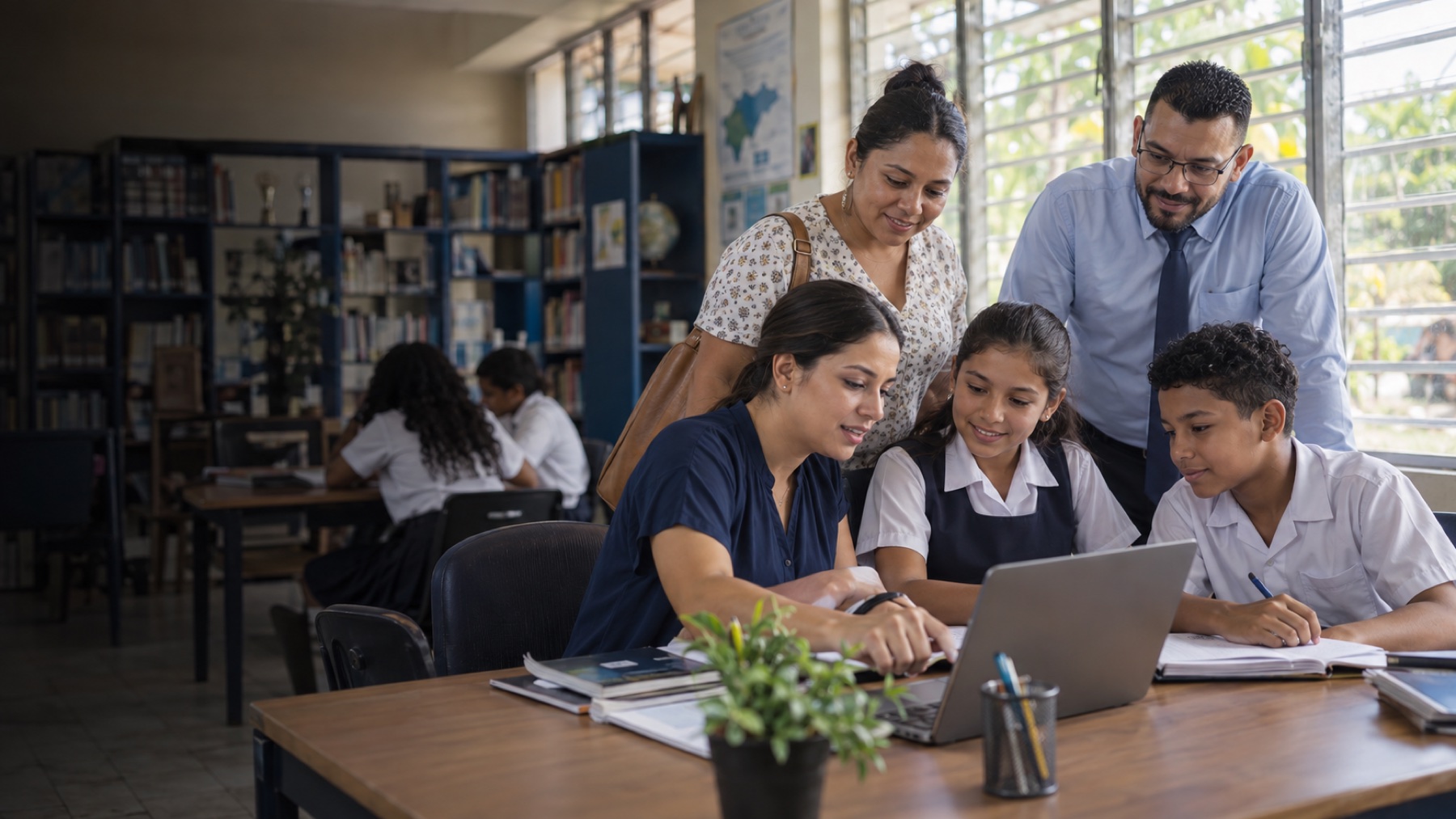 Docente, estudiantes, madre de familia y director colaborando en una institución educativa hondureña
