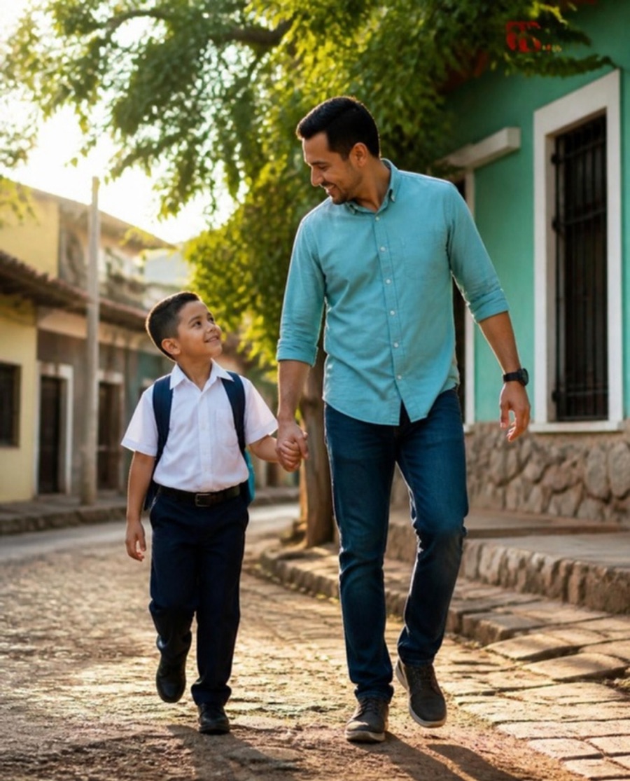 Padre e hijo caminando a la escuela