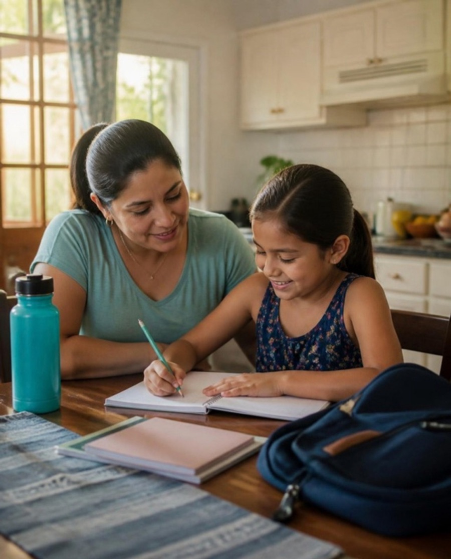 Madre e hija haciendo la tarea en la cocina