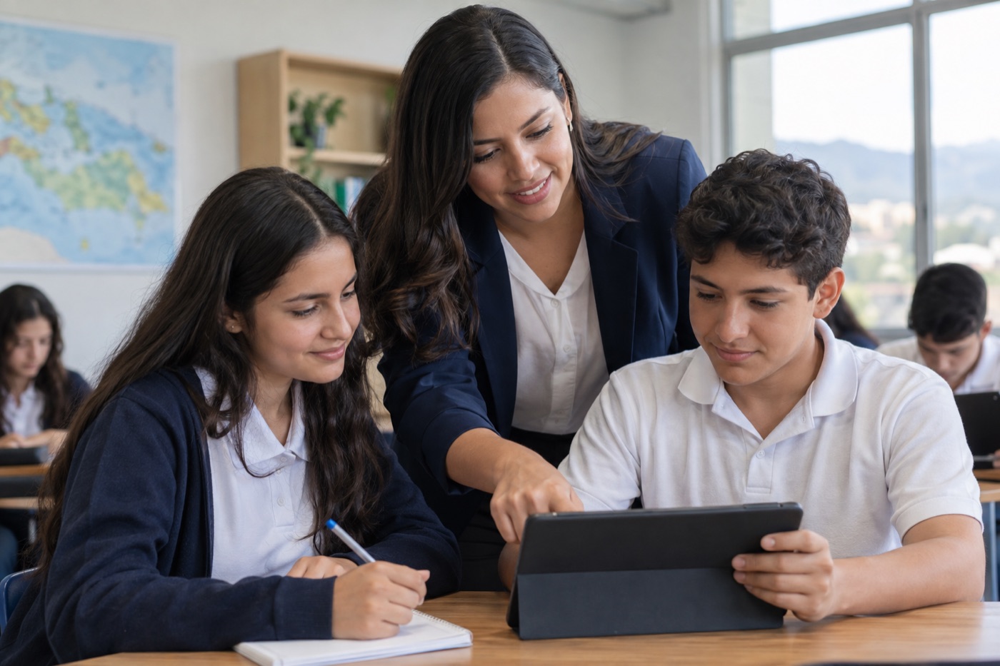 Docente hondureña trabajando con sus estudiantes