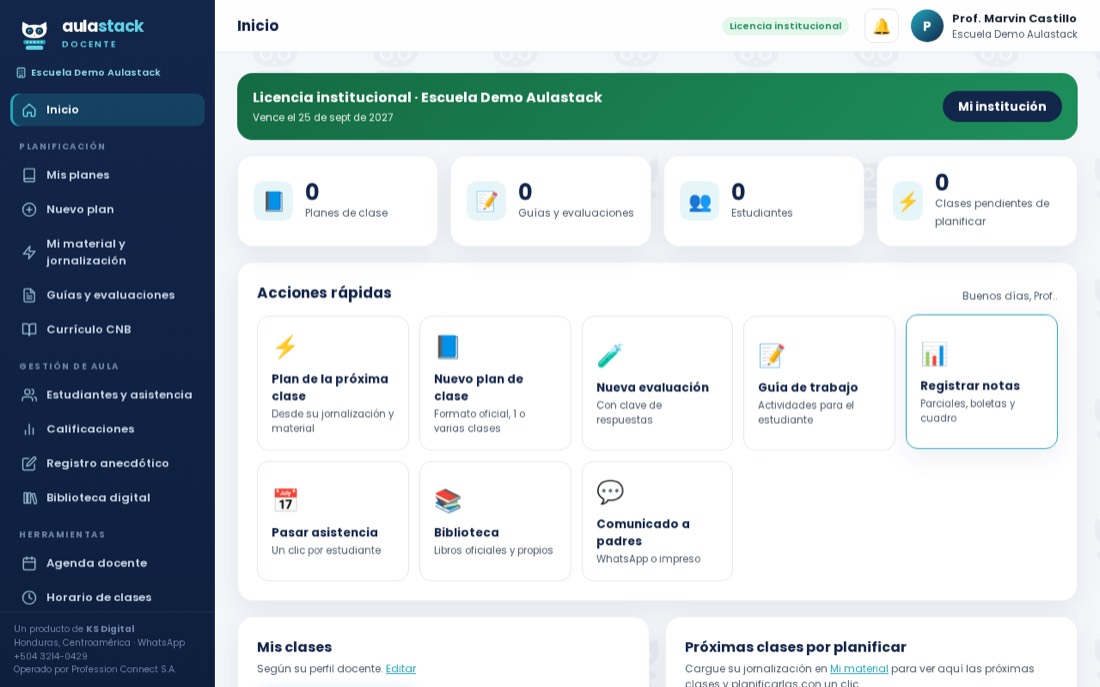 Panel de Aulastack Docente