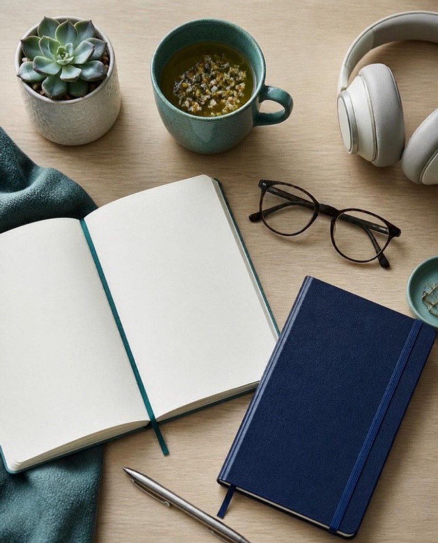 Escritorio ordenado con té, cuaderno y audífonos