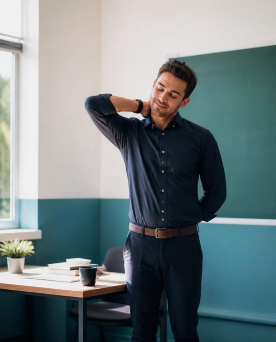 Docente estirando el cuello junto a su escritorio